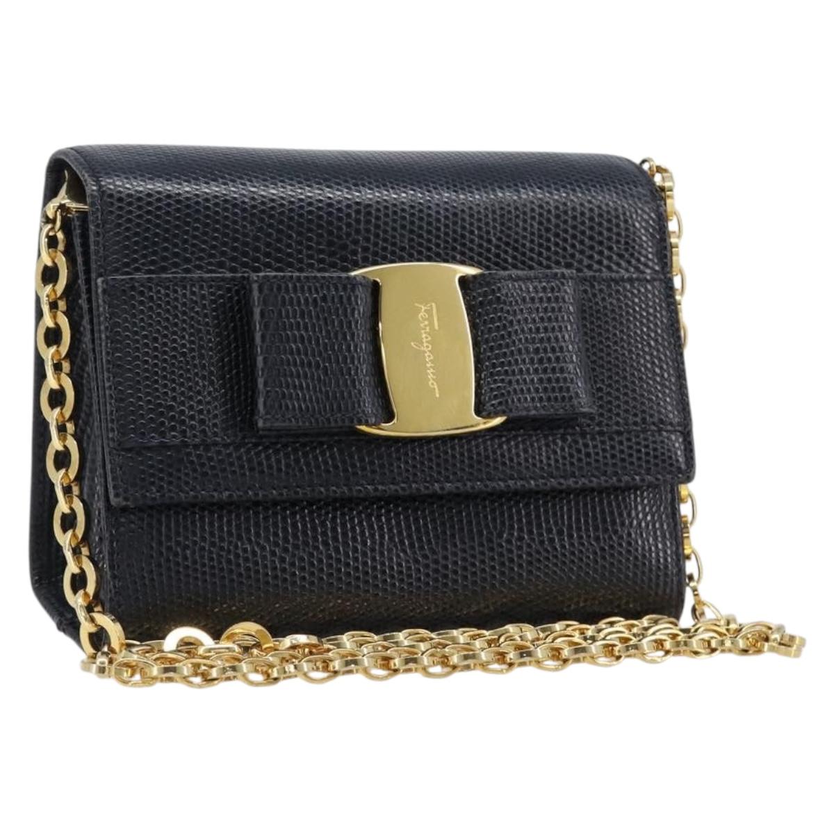 Salvatore Ferragamo Vala Chain Shoulder Bag Leather Navy Gold Tone Auth 201431