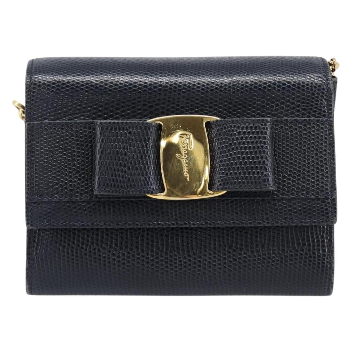Salvatore Ferragamo Vala Chain Shoulder Bag Leather Navy Gold Tone Auth 201431