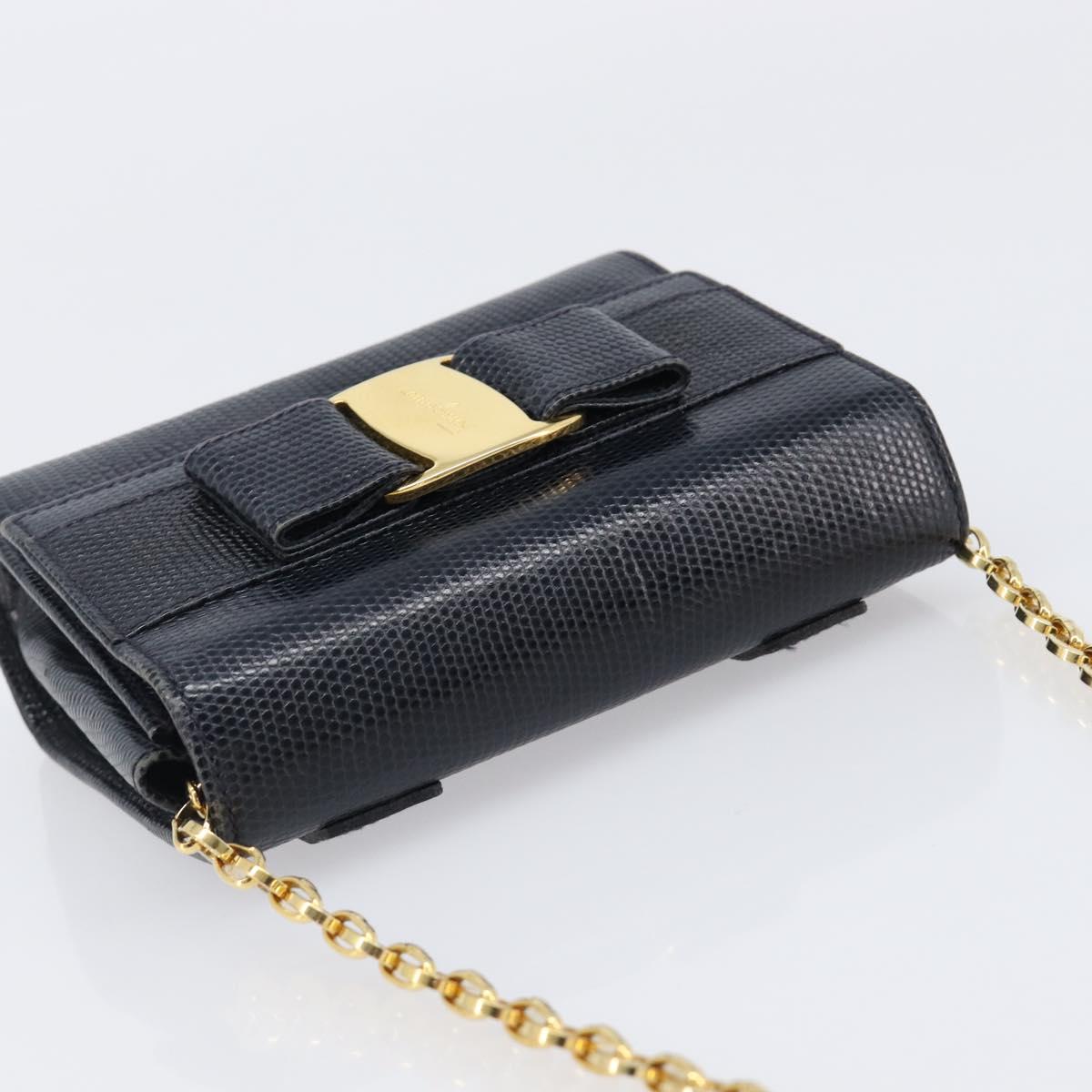 Salvatore Ferragamo Vala Chain Shoulder Bag Leather Navy Gold Tone Auth 201431