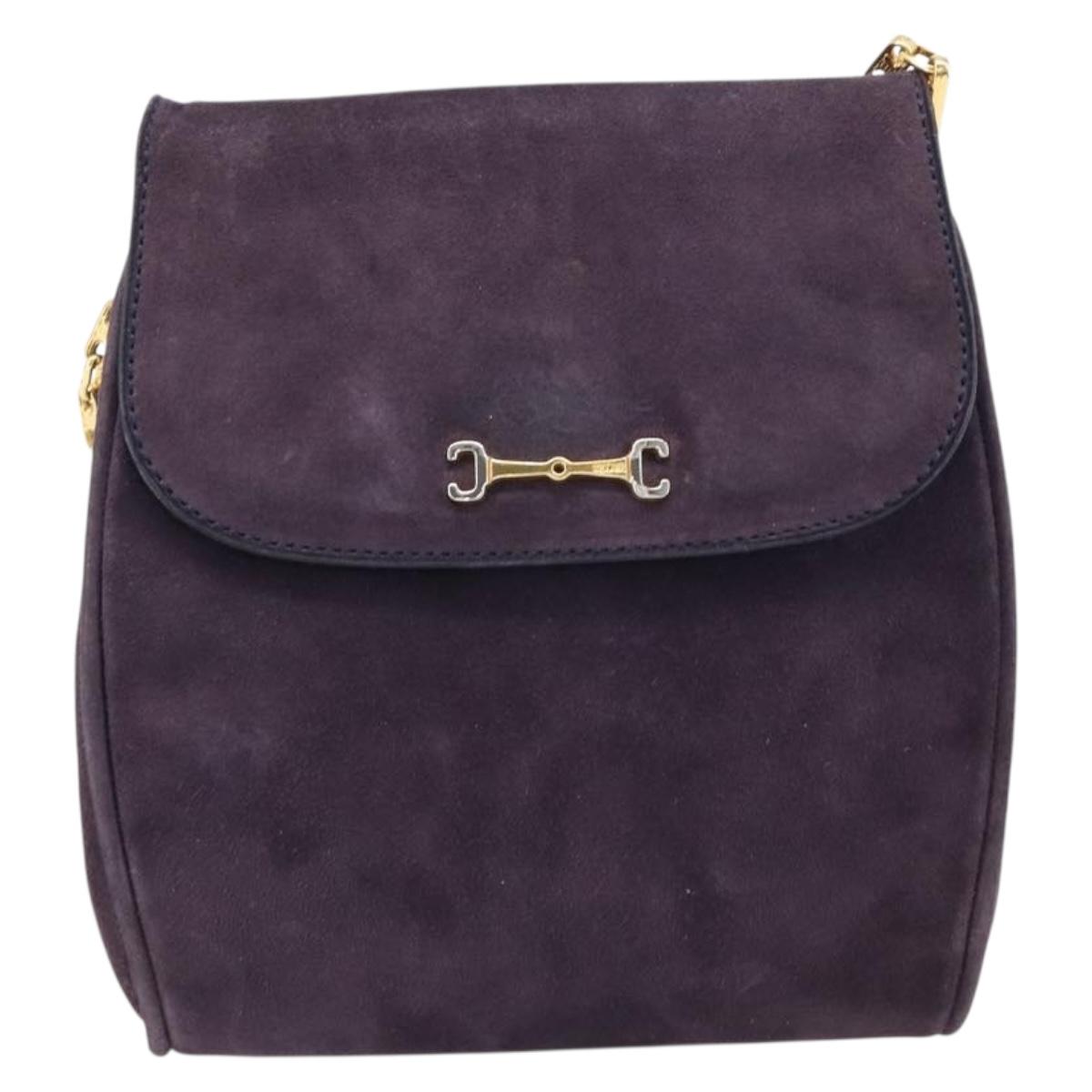 CELINE Chain Shoulder Bag Suede Purple Gold Tone Auth 201439