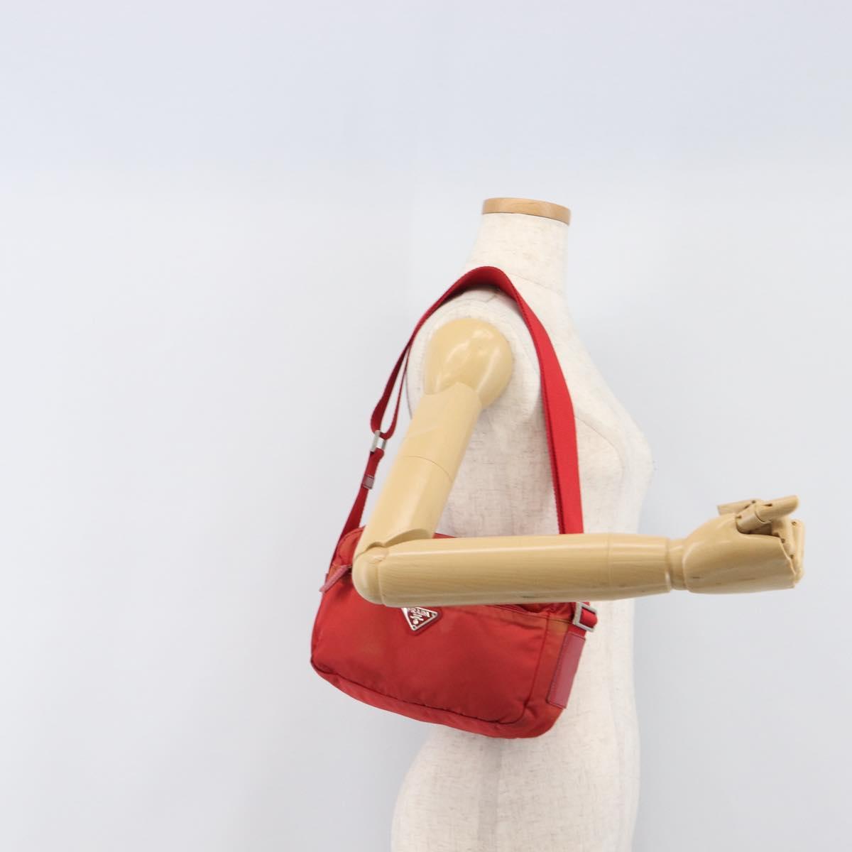 PRADA Shoulder Bag Nylon Red Silver Auth 201440