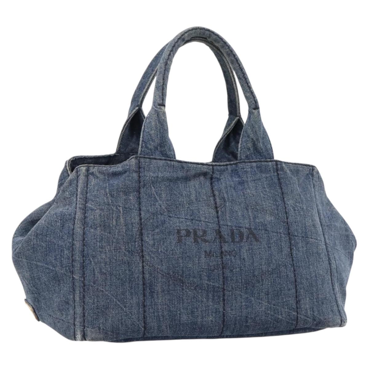 PRADA Canapa MM Hand Bag Denim Blue Gold Auth 201449
