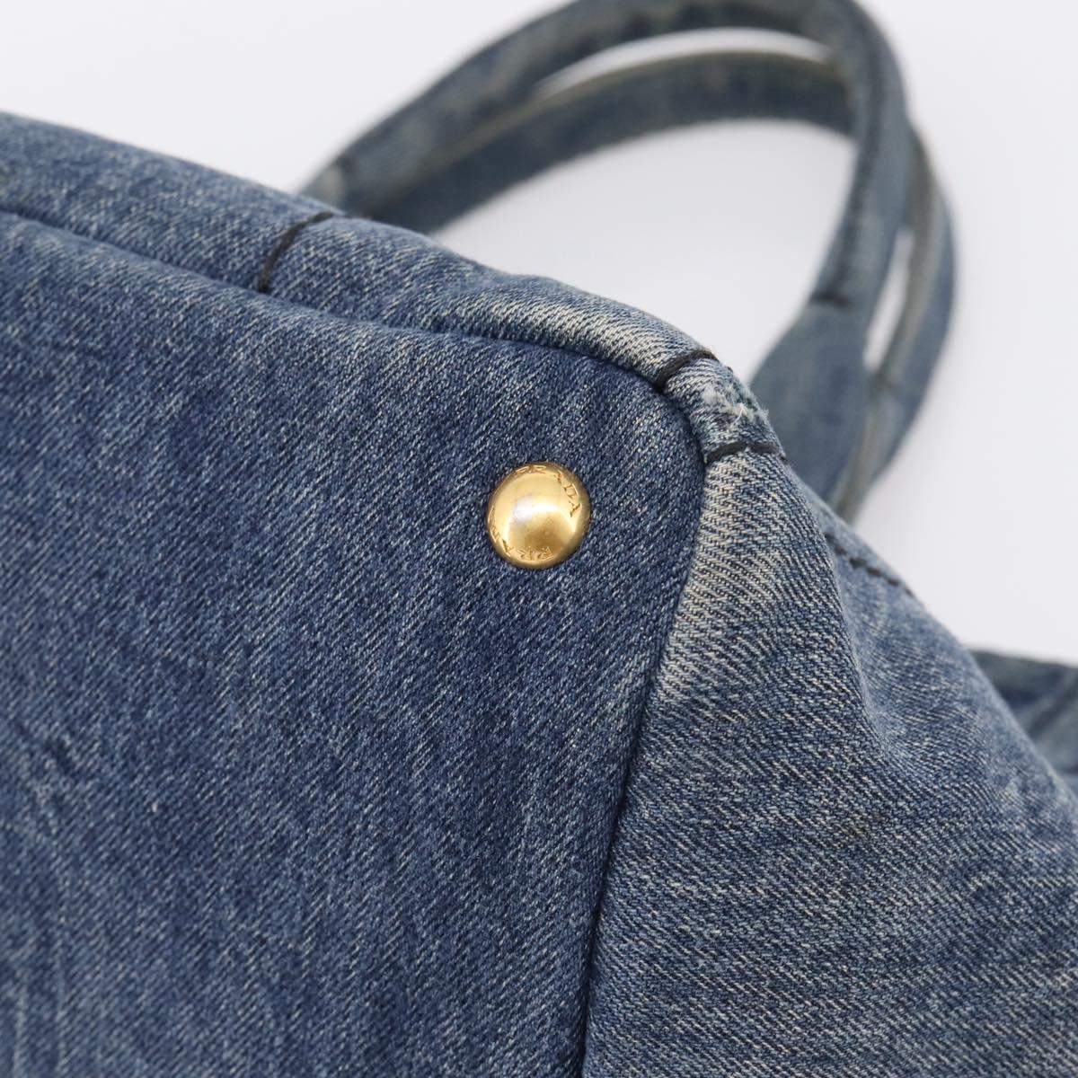PRADA Canapa MM Hand Bag Denim Blue Gold Auth 201449
