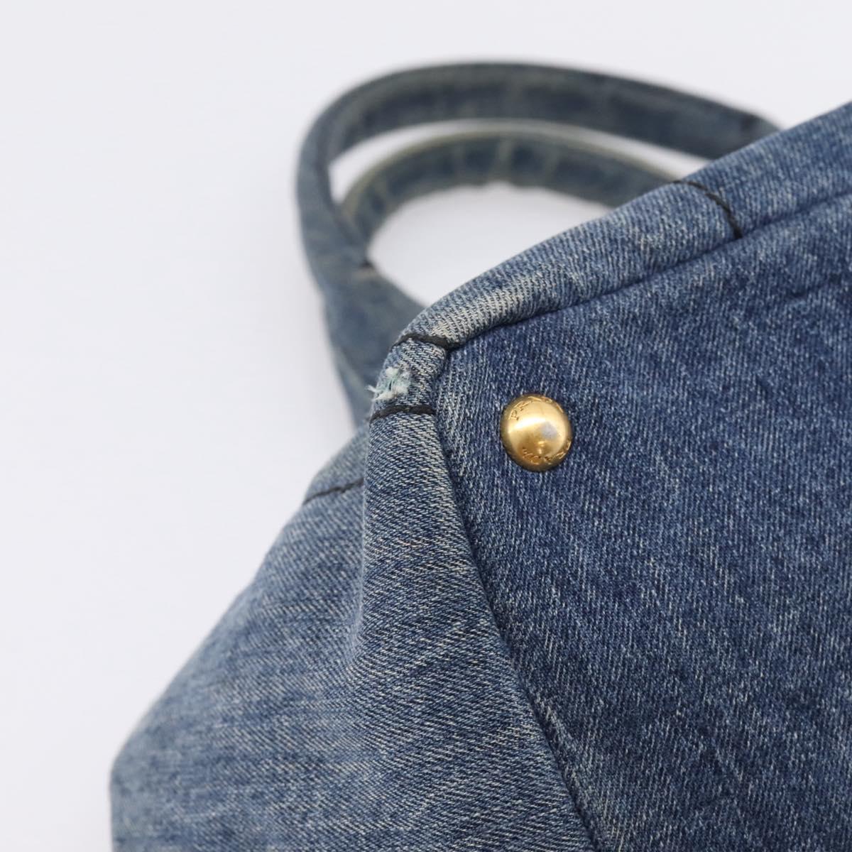 PRADA Canapa MM Hand Bag Denim Blue Gold Auth 201449