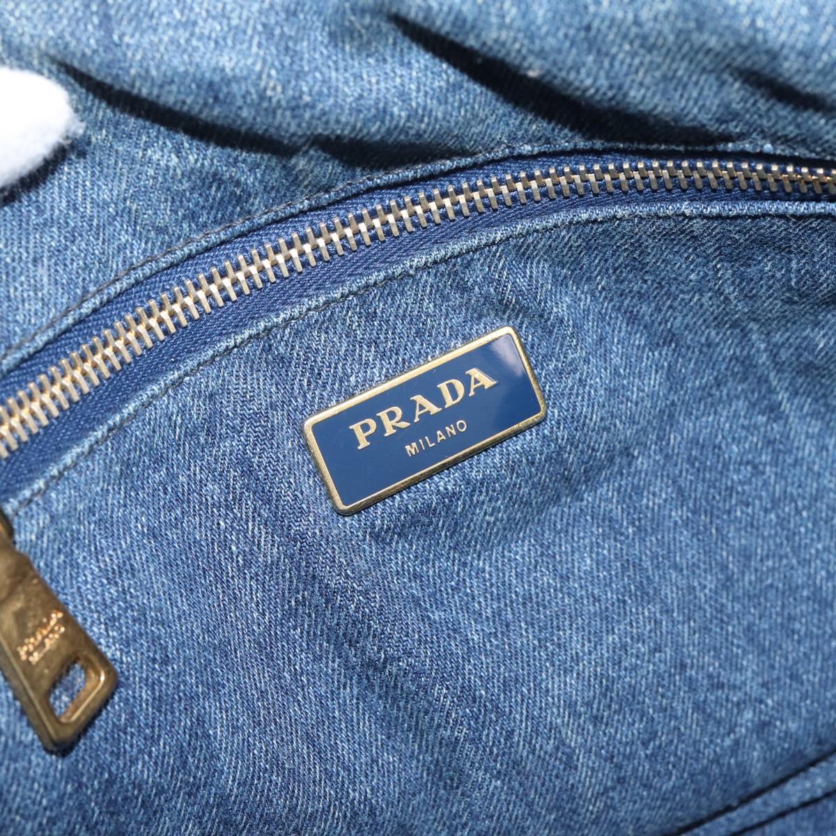 PRADA Canapa MM Hand Bag Denim Blue Gold Auth 201449