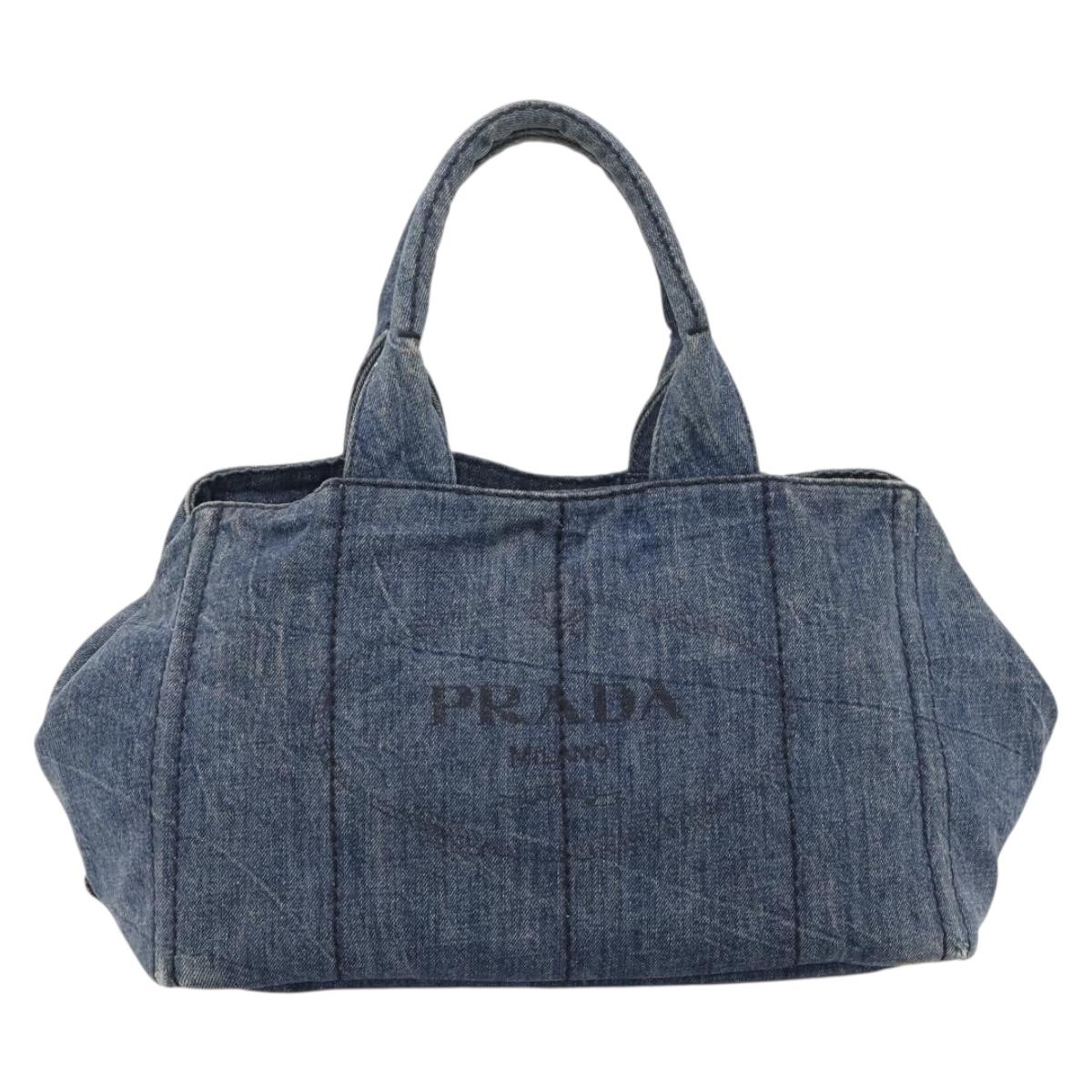PRADA Canapa MM Hand Bag Denim Blue Gold Auth 201449