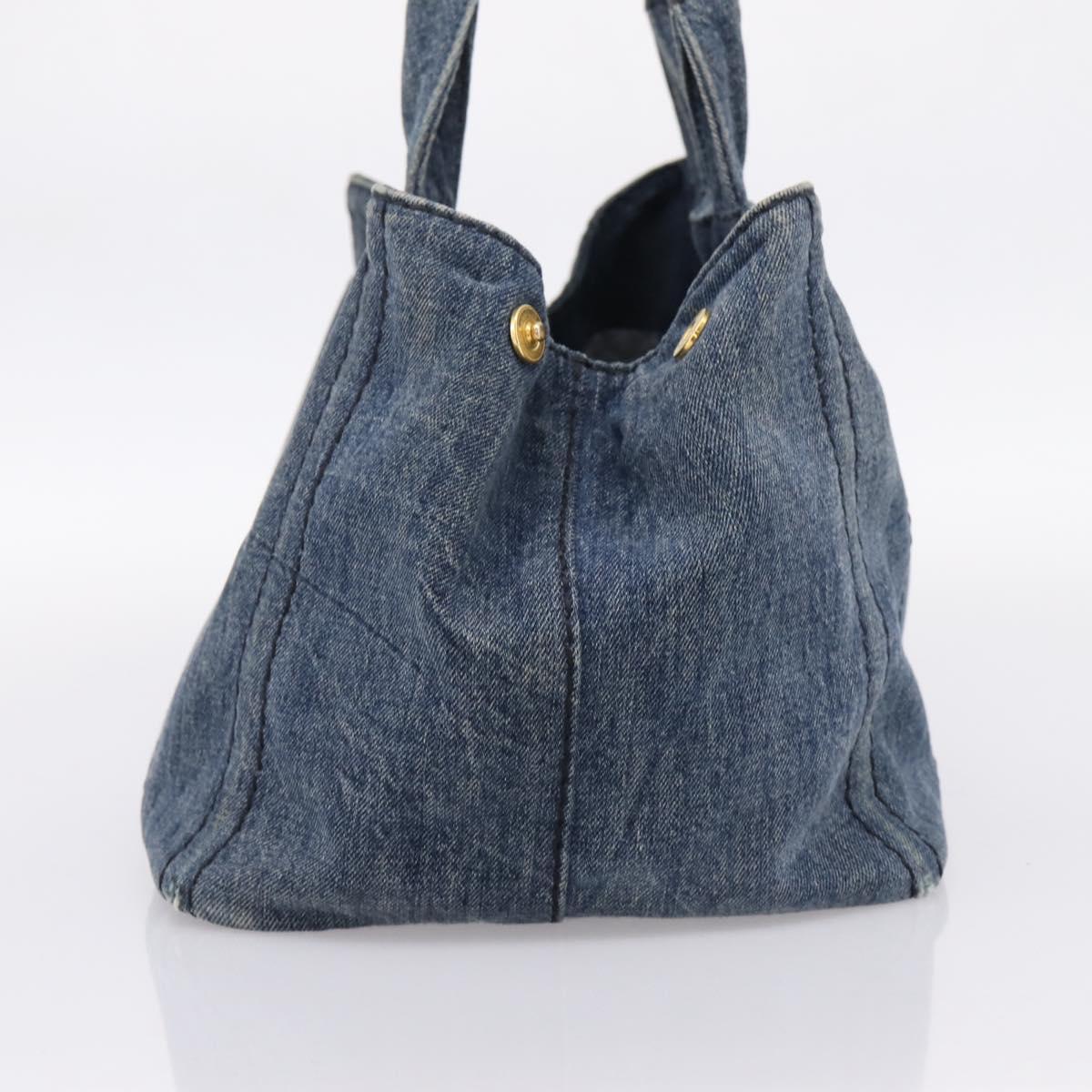 PRADA Canapa MM Hand Bag Denim Blue Gold Auth 201449