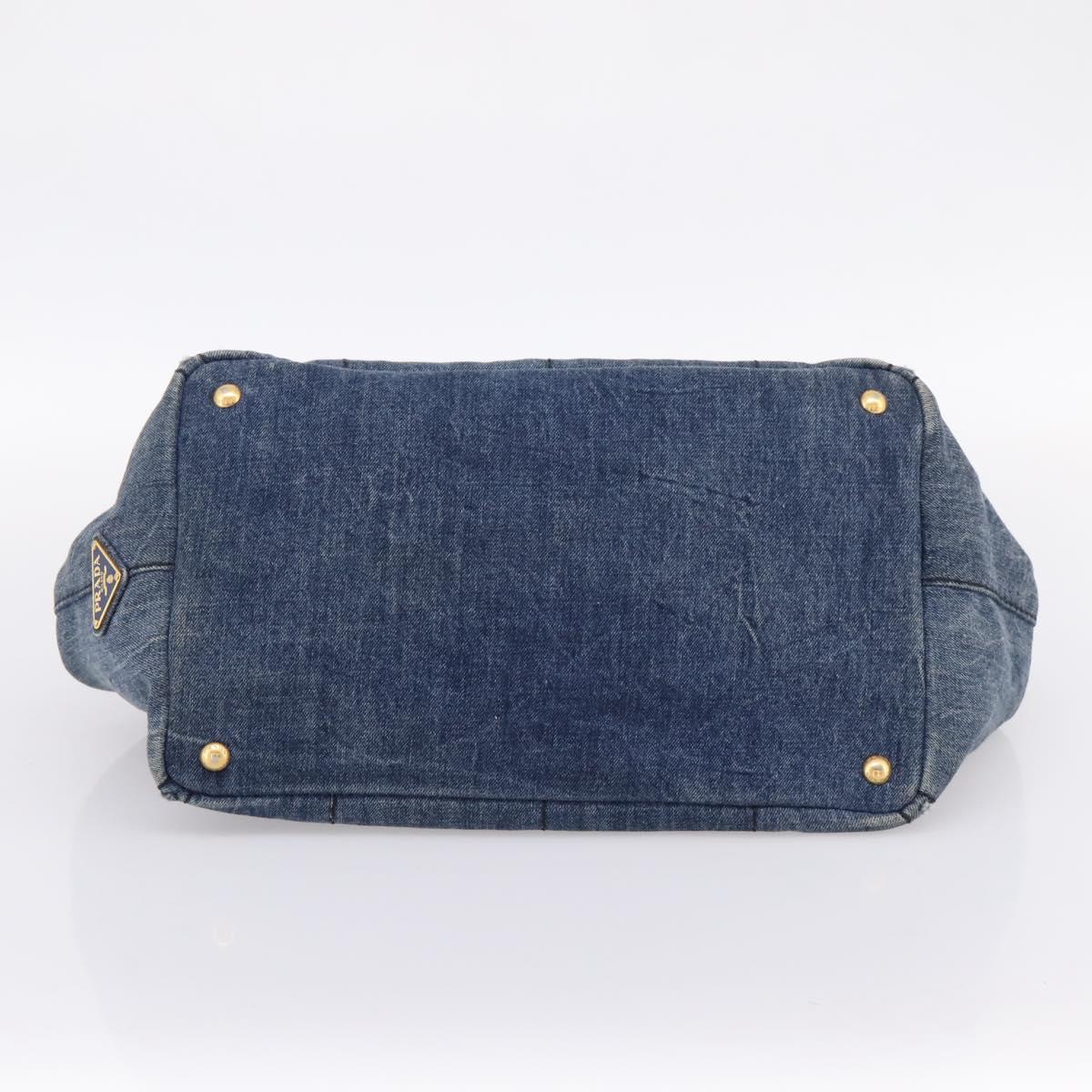 PRADA Canapa MM Hand Bag Denim Blue Gold Auth 201449