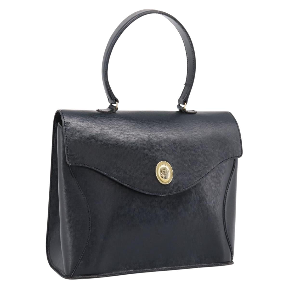 Christian Dior Hand Bag Leather Navy Gold Auth 201451