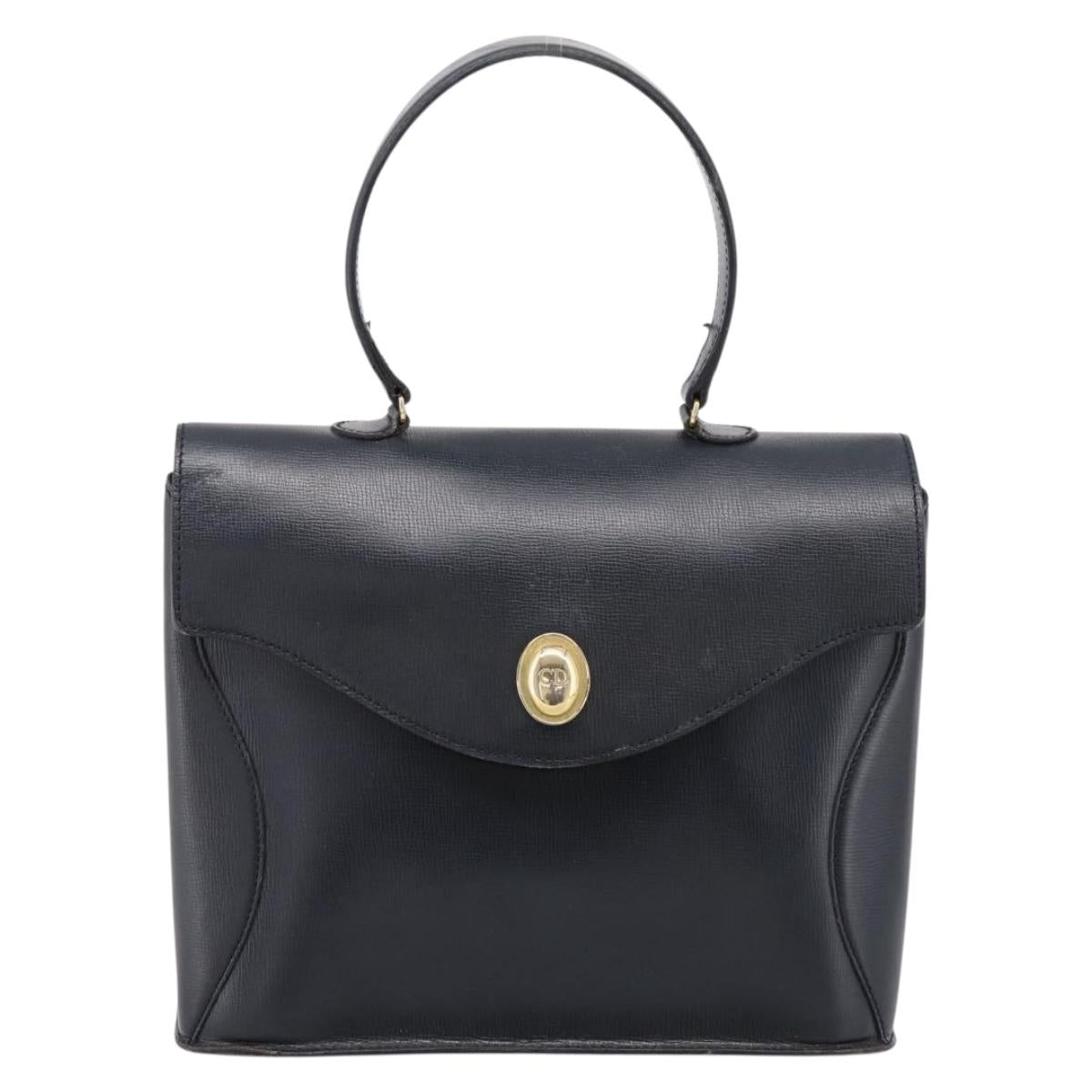 Christian Dior Hand Bag Leather Navy Gold Auth 201451