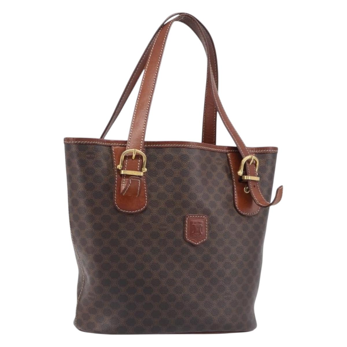 CELINE Macadam Canvas Tote Bag PVC Leather Brown Gold Auth 201454
