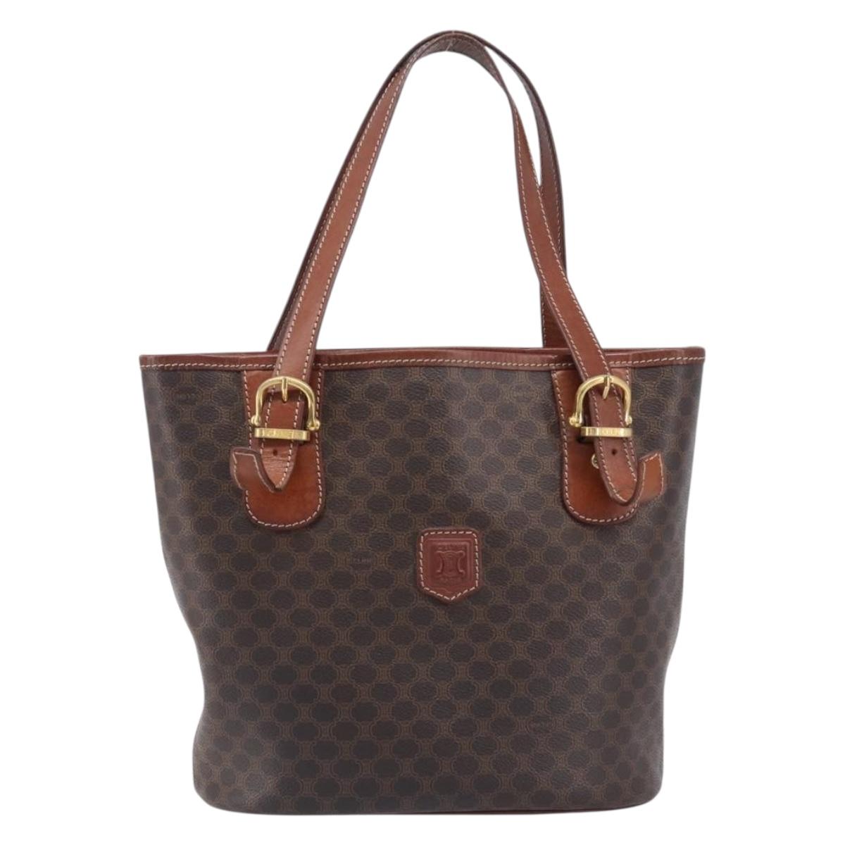 CELINE Macadam Canvas Tote Bag PVC Leather Brown Gold Auth 201454