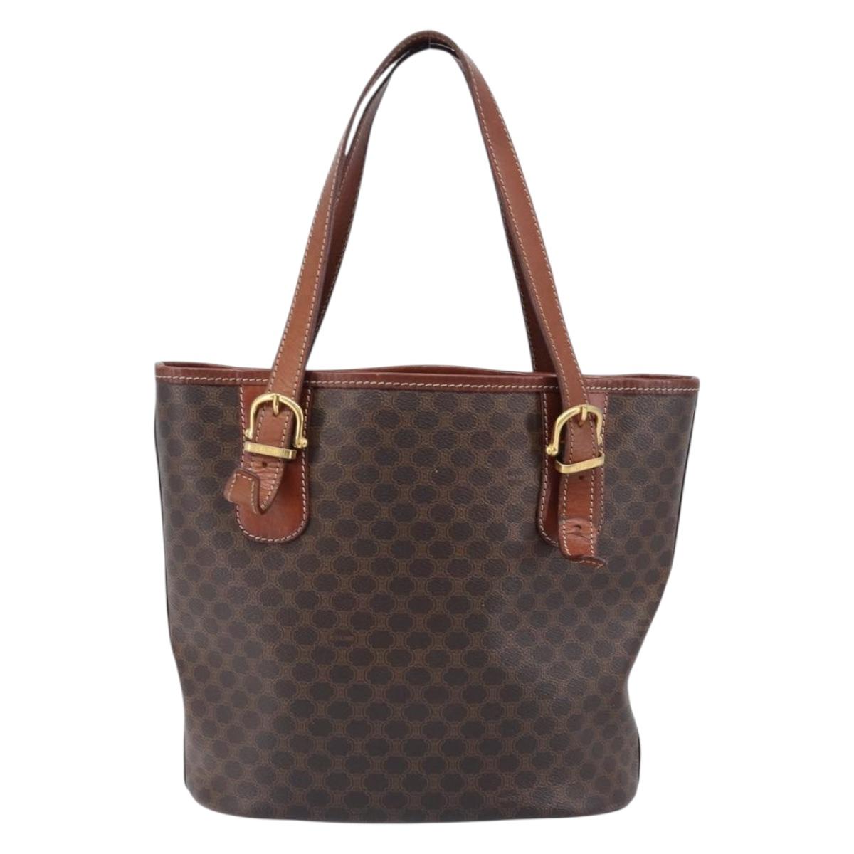 CELINE Macadam Canvas Tote Bag PVC Leather Brown Gold Auth 201454