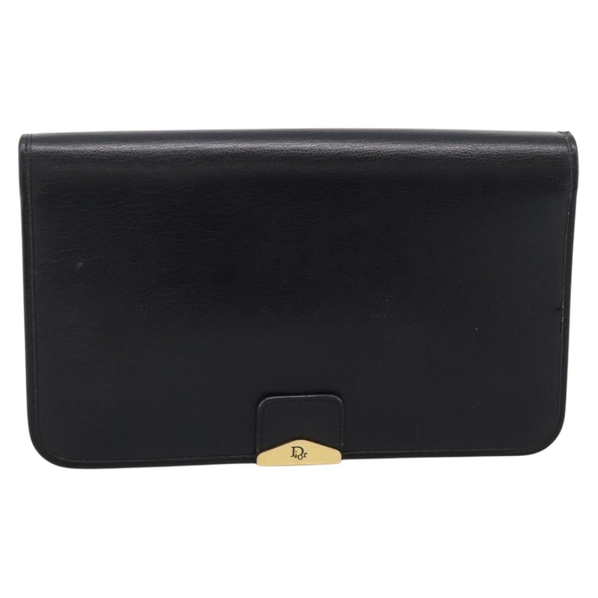Christian Dior Chain Shoulder Bag Leather Black Gold Auth 201456A