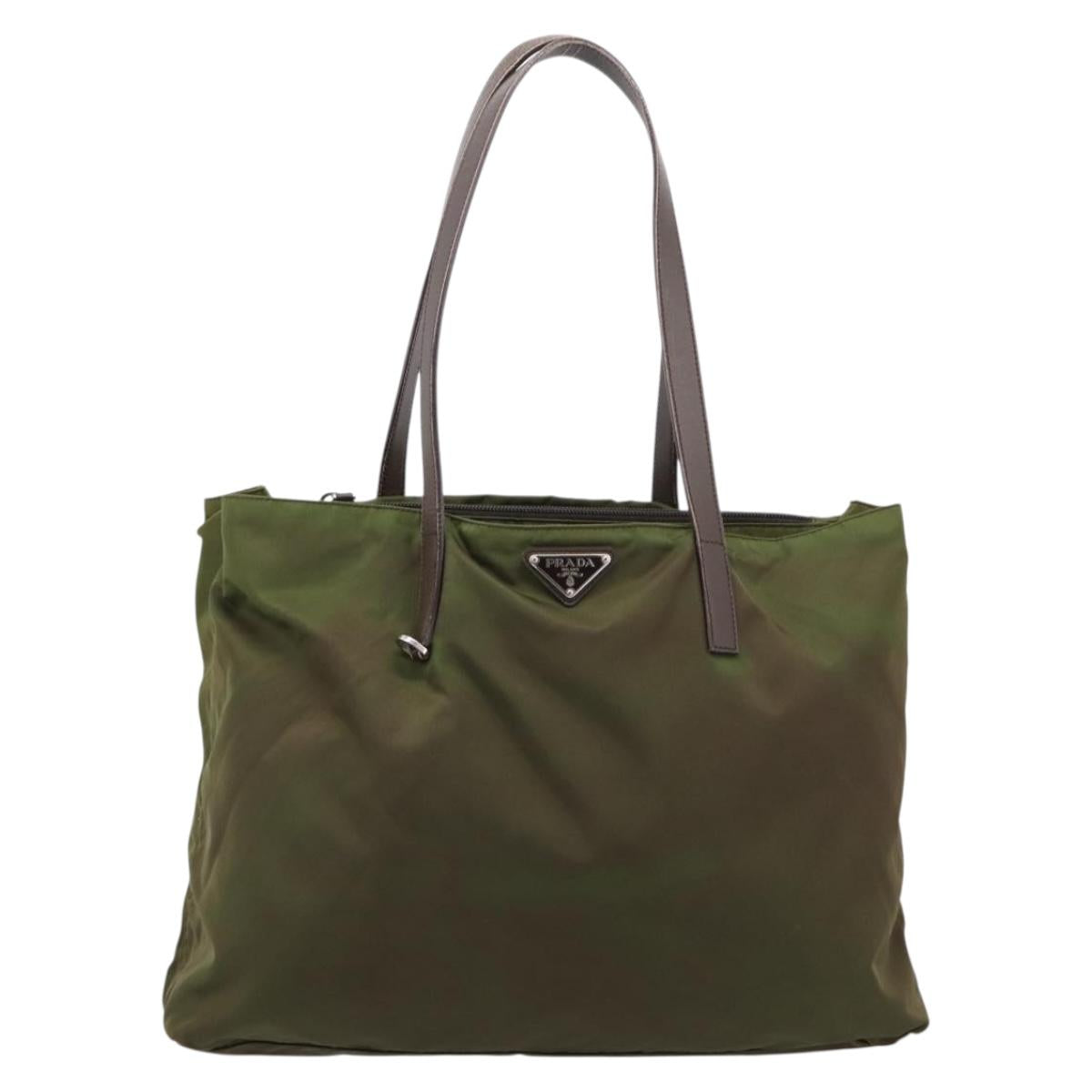 PRADA Tote Bag Nylon Khaki Silver Auth 201463