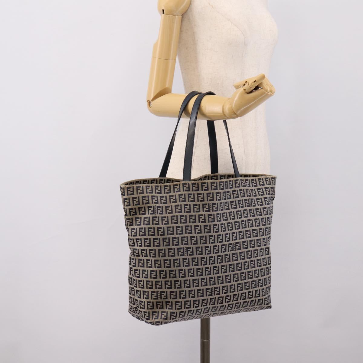 FENDI Zucchino Canvas Tote Bag Navy Silver Auth 201464A