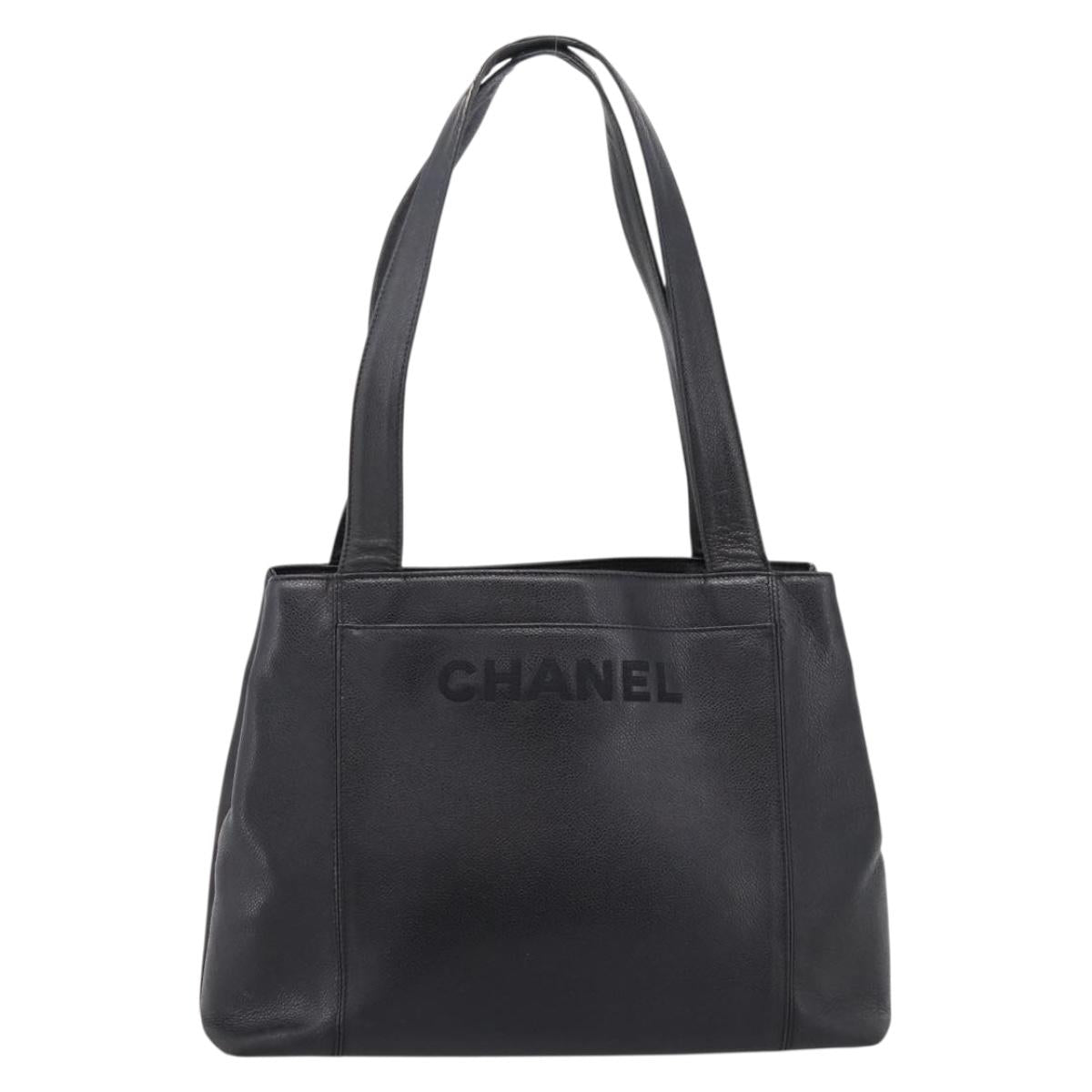 CHANEL Tote Bag Caviar Skin Black Silver CC Auth 201476