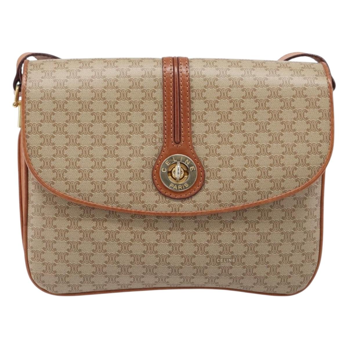 CELINE Macadam Canvas Shoulder Bag PVC Beige Gold Auth 201484A