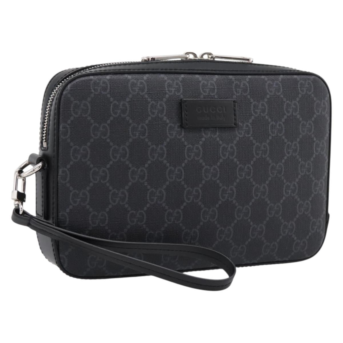 GUCCI GG Supreme Clutch Bag PVC Black Silver 495562 Auth 201486V