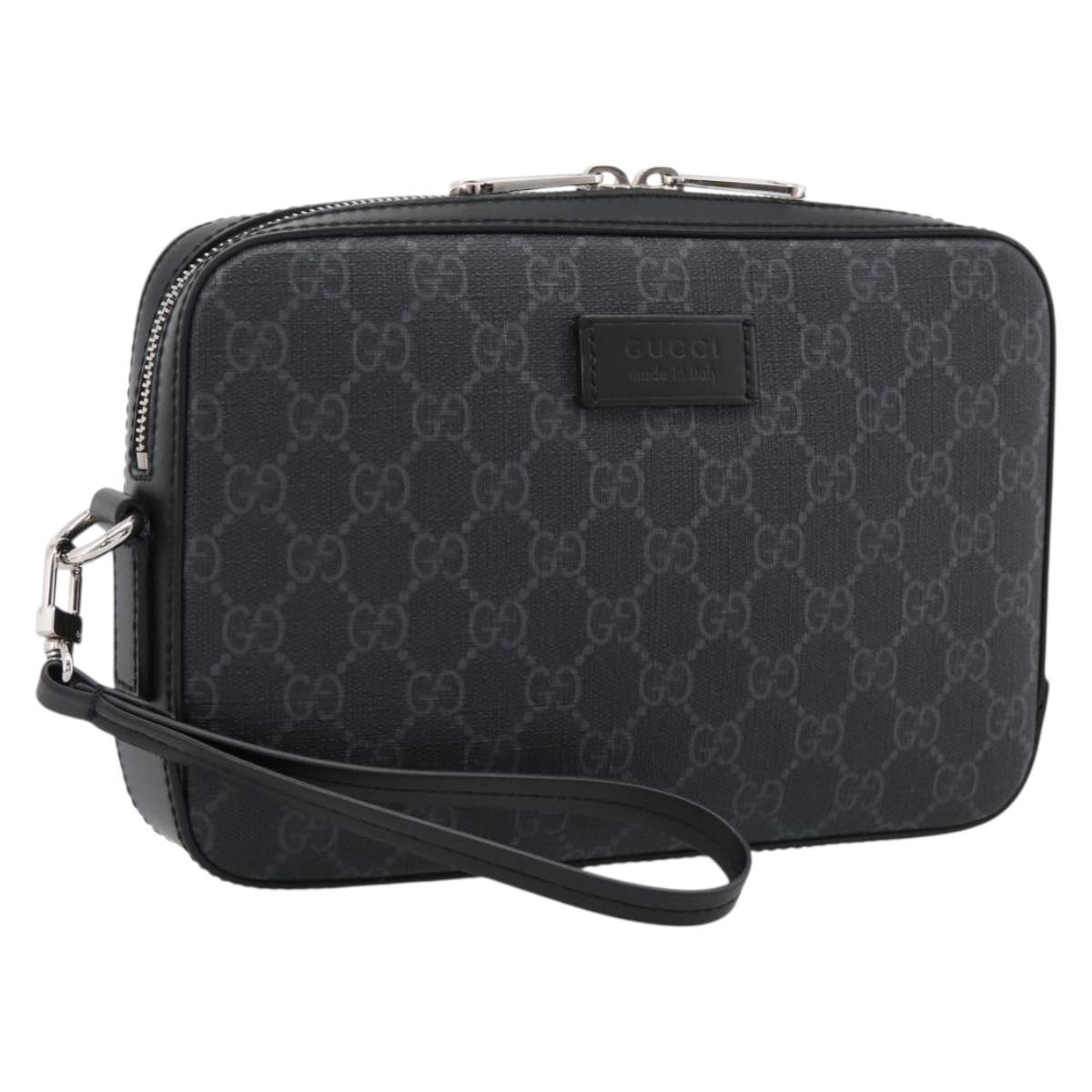 GUCCI GG Supreme Clutch Bag PVC Black Silver 495562 Auth 201486V