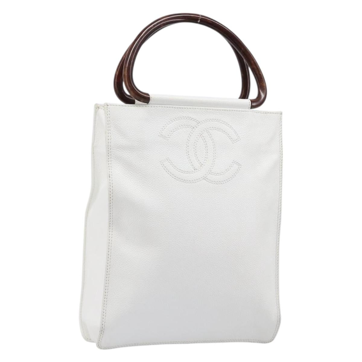 CHANEL COCO Mark Wood Hand Bag Caviar Skin White Gold CC Auth 201487V