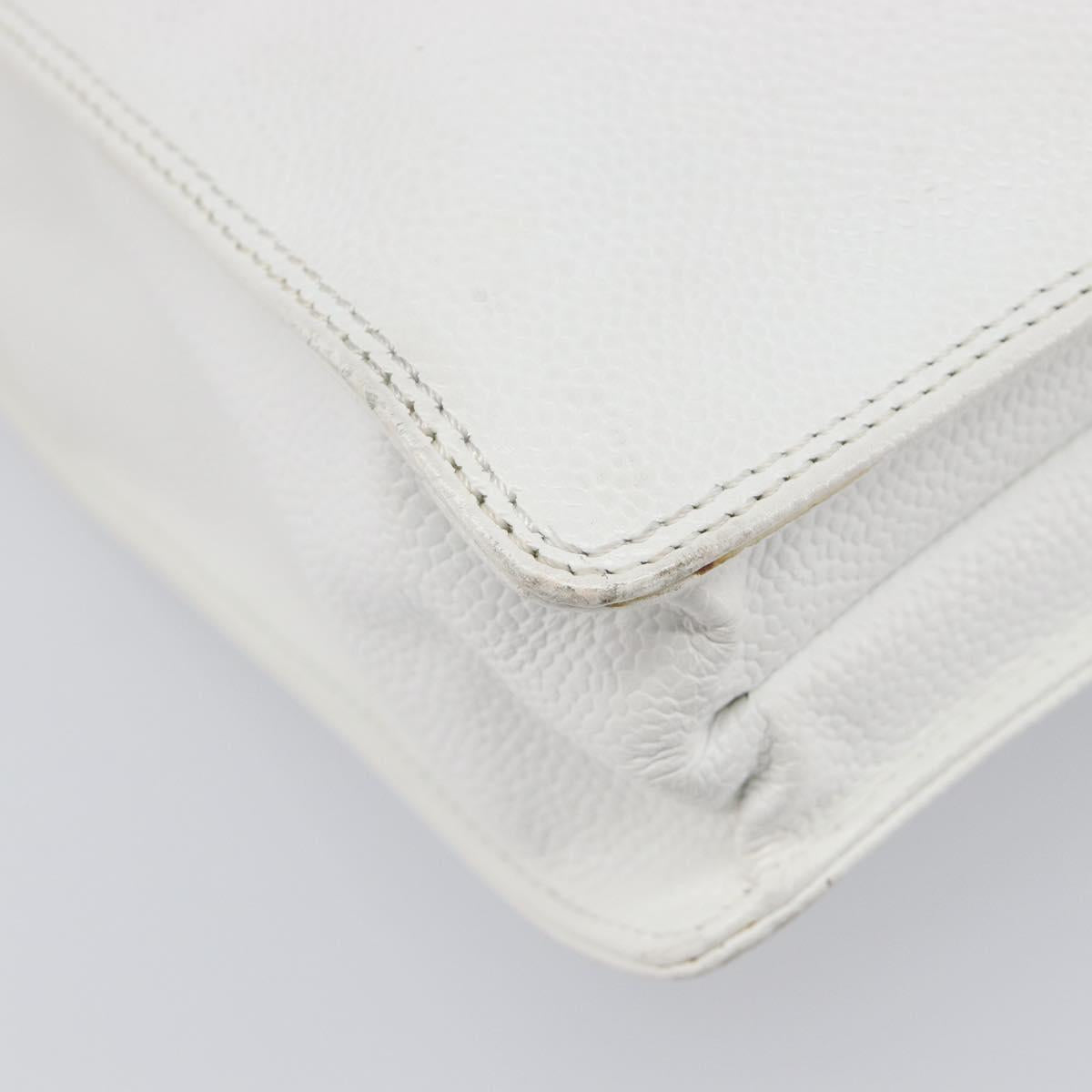 CHANEL COCO Mark Wood Hand Bag Caviar Skin White Gold CC Auth 201487V