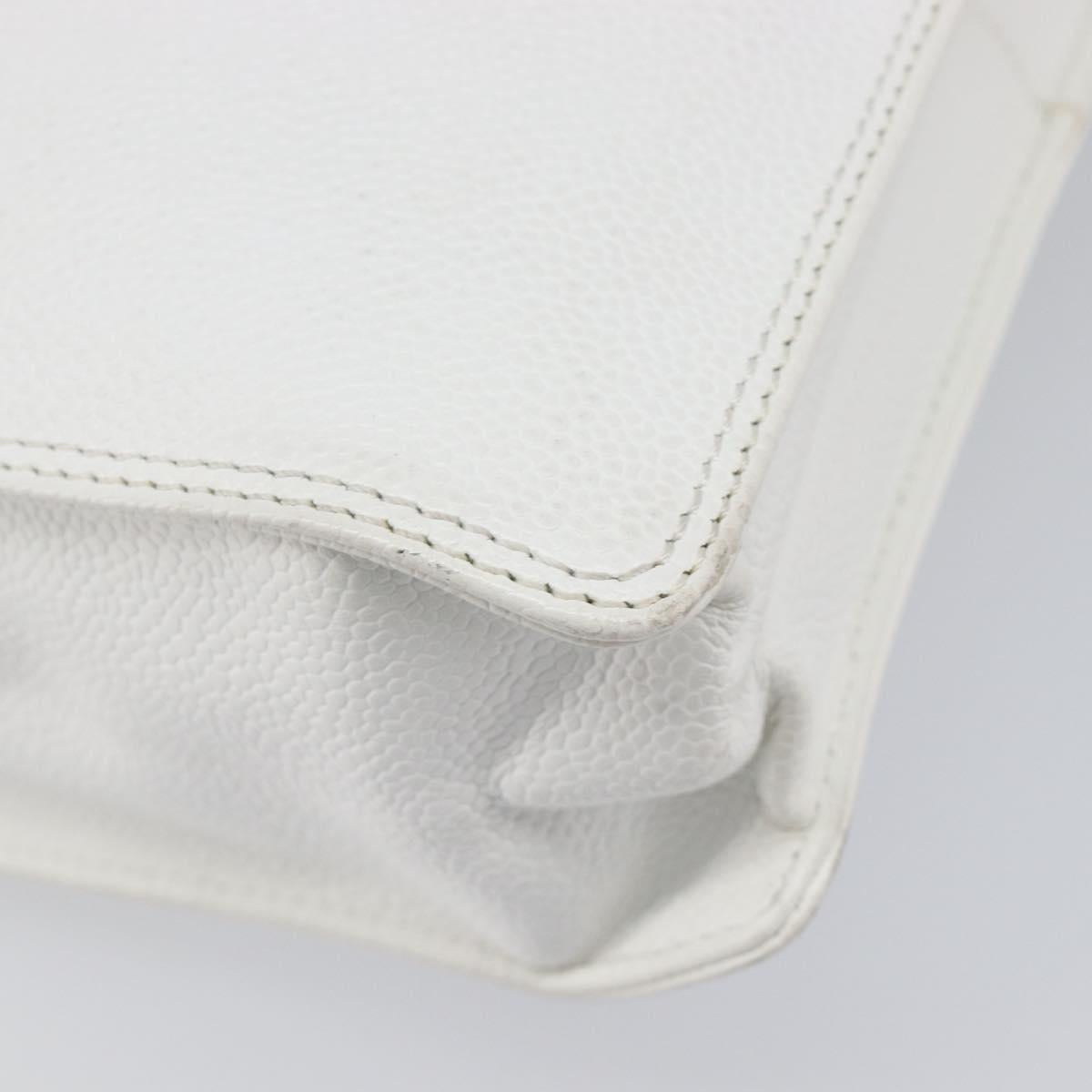 CHANEL COCO Mark Wood Hand Bag Caviar Skin White Gold CC Auth 201487V