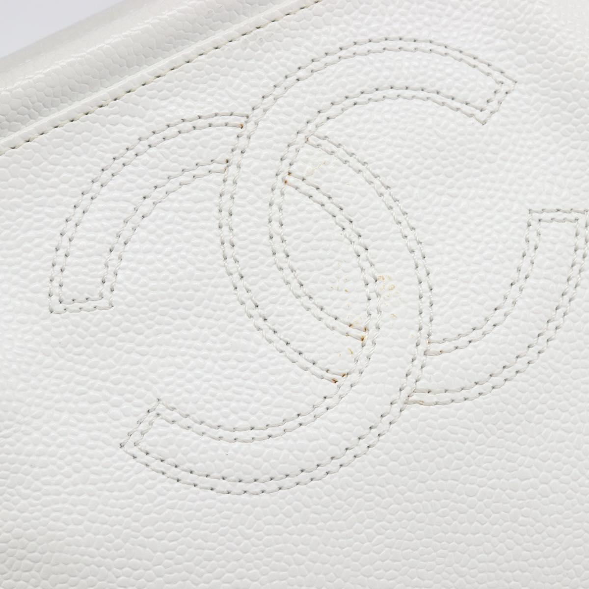 CHANEL COCO Mark Wood Hand Bag Caviar Skin White Gold CC Auth 201487V