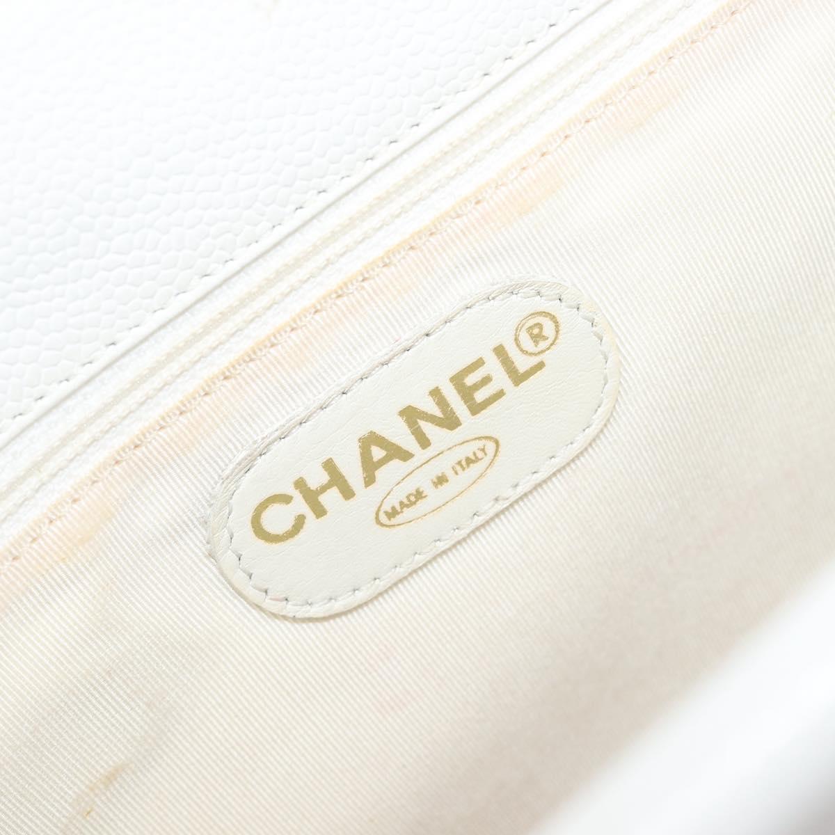 CHANEL COCO Mark Wood Hand Bag Caviar Skin White Gold CC Auth 201487V