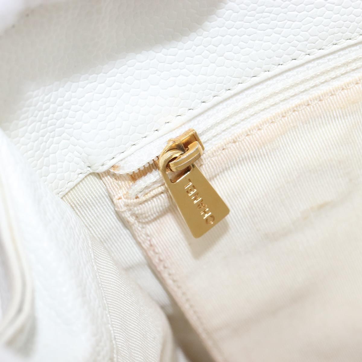 CHANEL COCO Mark Wood Hand Bag Caviar Skin White Gold CC Auth 201487V
