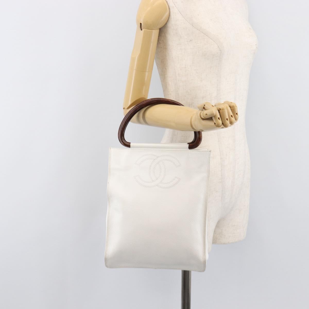 CHANEL COCO Mark Wood Hand Bag Caviar Skin White Gold CC Auth 201487V