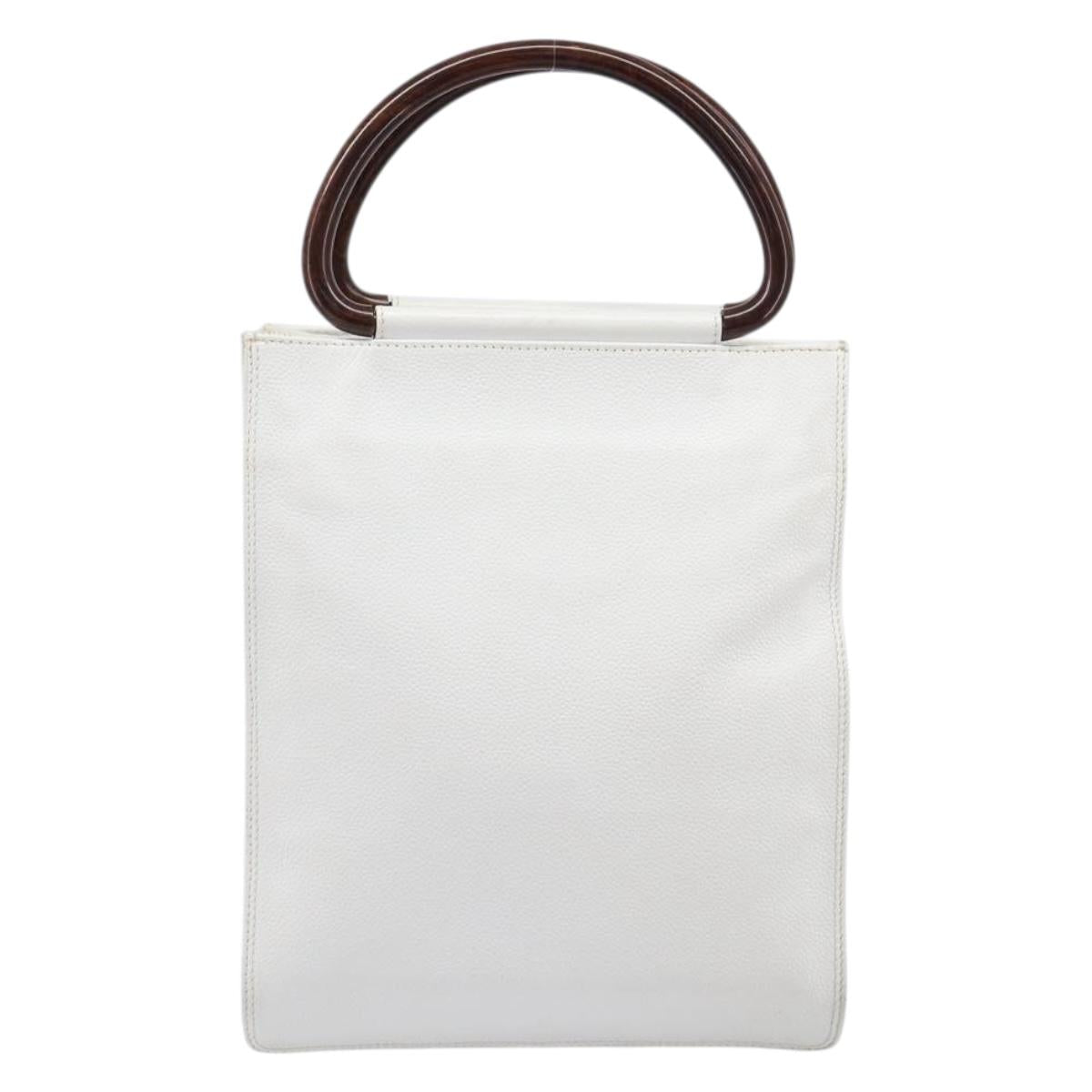 CHANEL COCO Mark Wood Hand Bag Caviar Skin White Gold CC Auth 201487V