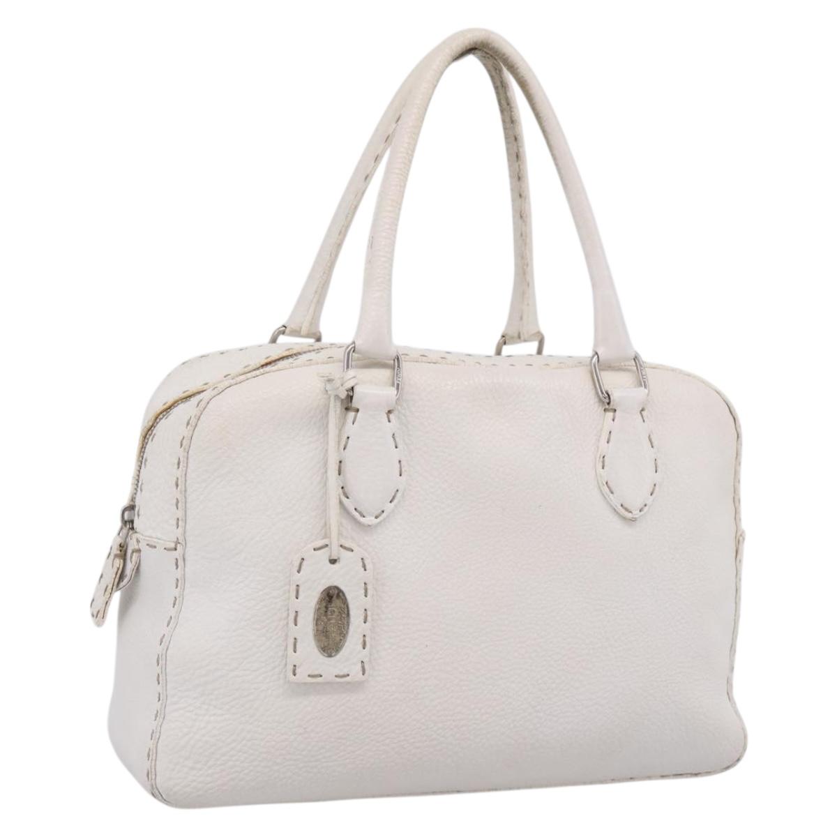 FENDI Celeria Hand Bag Leather White Silver Auth 201501
