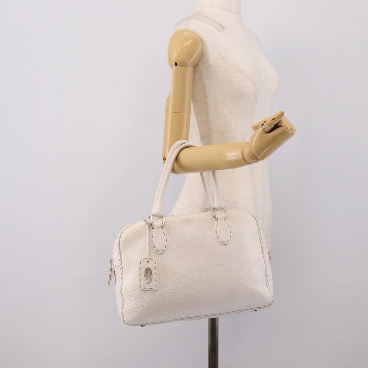 FENDI Celeria Hand Bag Leather White Silver Auth 201501