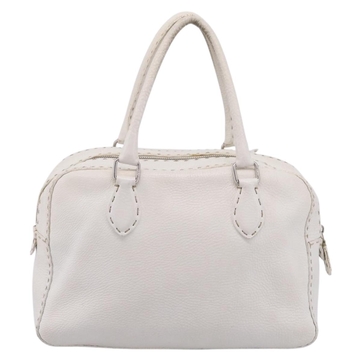 FENDI Celeria Hand Bag Leather White Silver Auth 201501