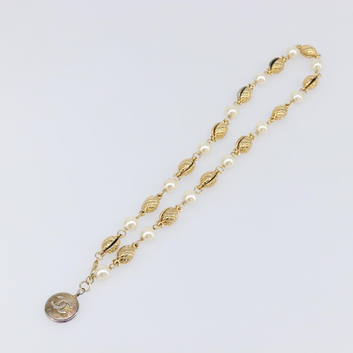 CHANEL Pearl Necklace metal Gold White CC Auth 201532