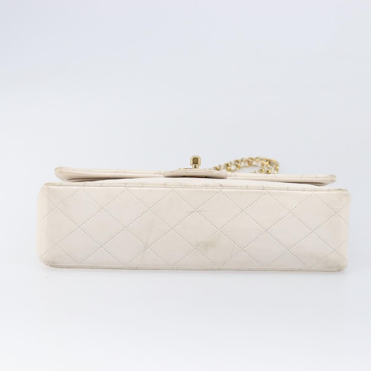 CHANEL Matelasse Double Flap Chain Bag Lamb Skin White Gold CC Auth 201534