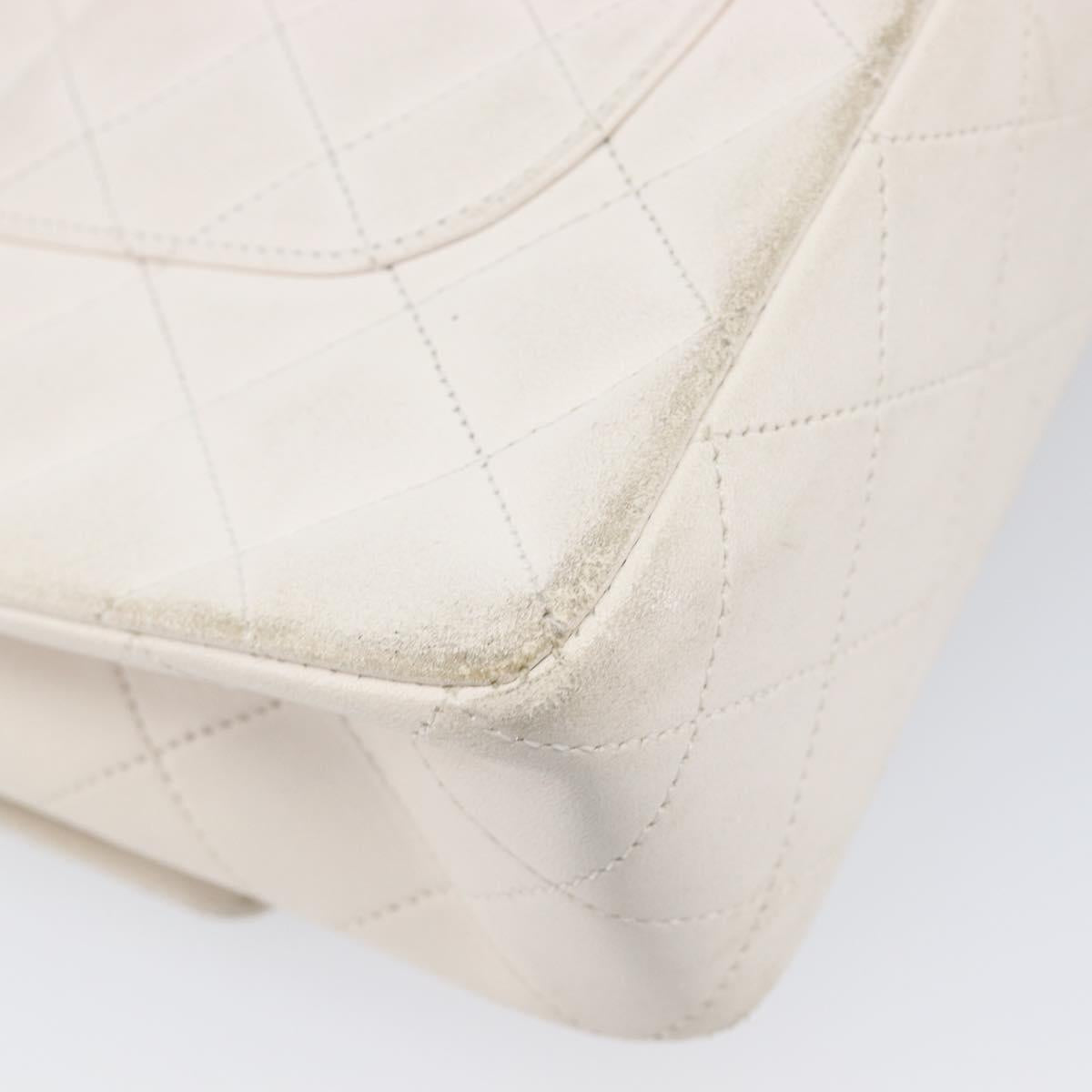 CHANEL Matelasse Double Flap Chain Bag Lamb Skin White Gold CC Auth 201534