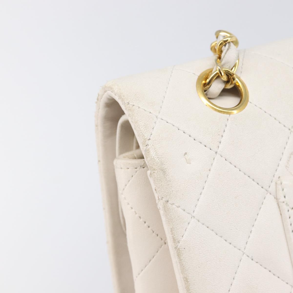 CHANEL Matelasse Double Flap Chain Bag Lamb Skin White Gold CC Auth 201534