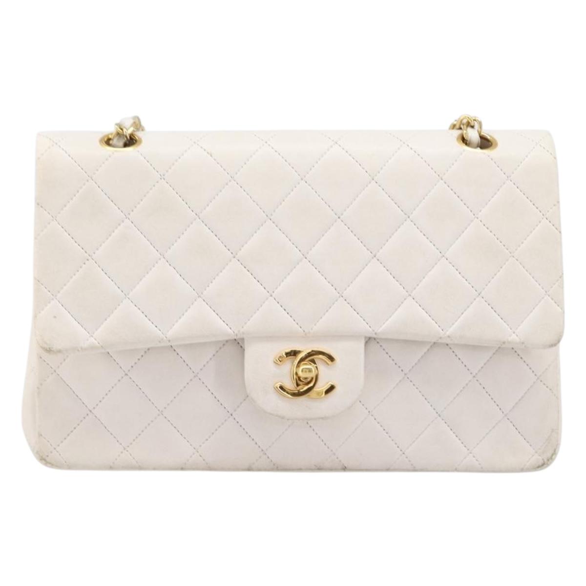 CHANEL Matelasse Double Flap Chain Bag Lamb Skin White Gold CC Auth 201534