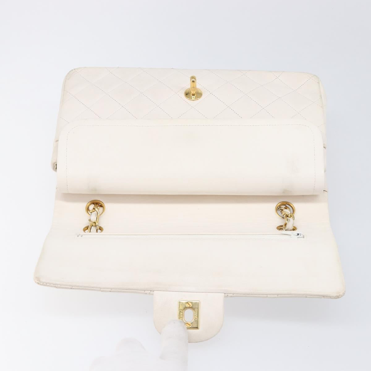 CHANEL Matelasse Double Flap Chain Bag Lamb Skin White Gold CC Auth 201534