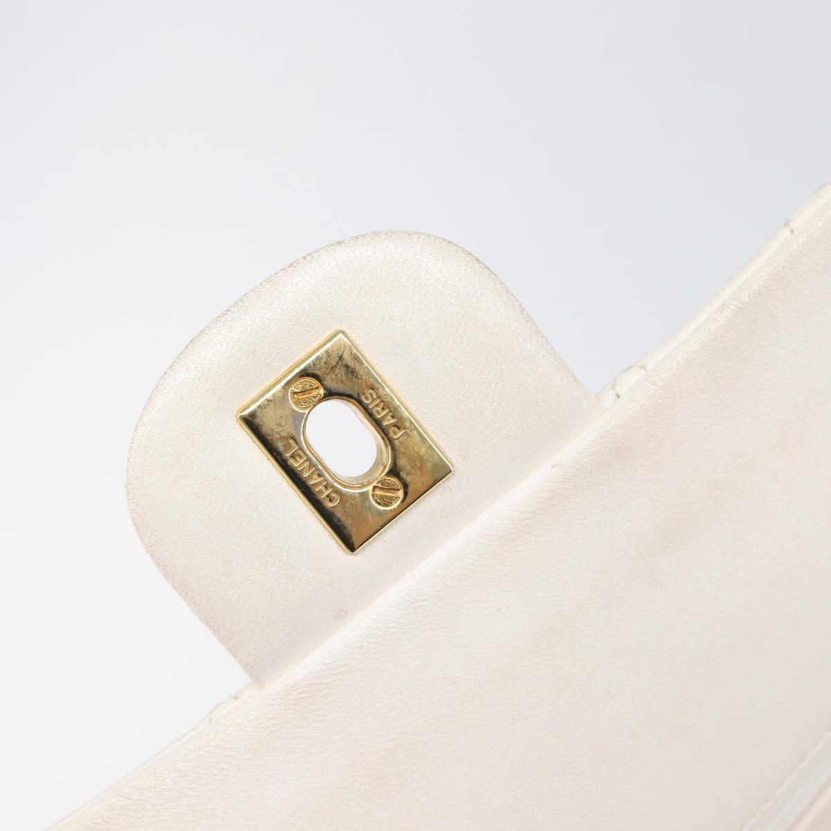 CHANEL Matelasse Double Flap Chain Bag Lamb Skin White Gold CC Auth 201534