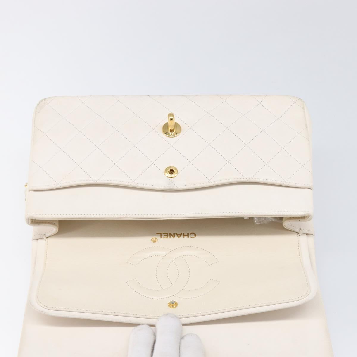 CHANEL Matelasse Double Flap Chain Bag Lamb Skin White Gold CC Auth 201534