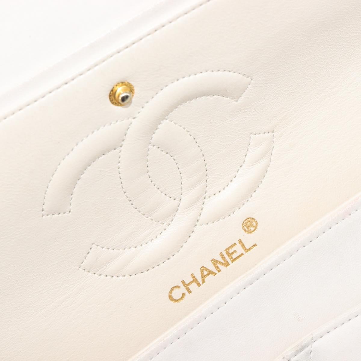 CHANEL Matelasse Double Flap Chain Bag Lamb Skin White Gold CC Auth 201534