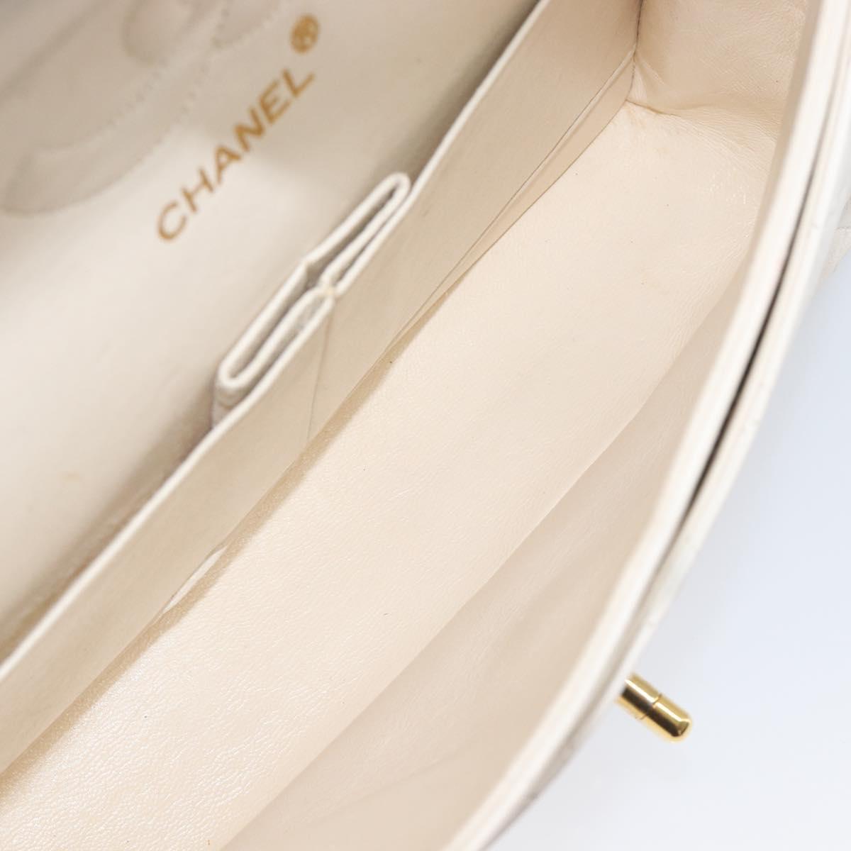 CHANEL Matelasse Double Flap Chain Bag Lamb Skin White Gold CC Auth 201534