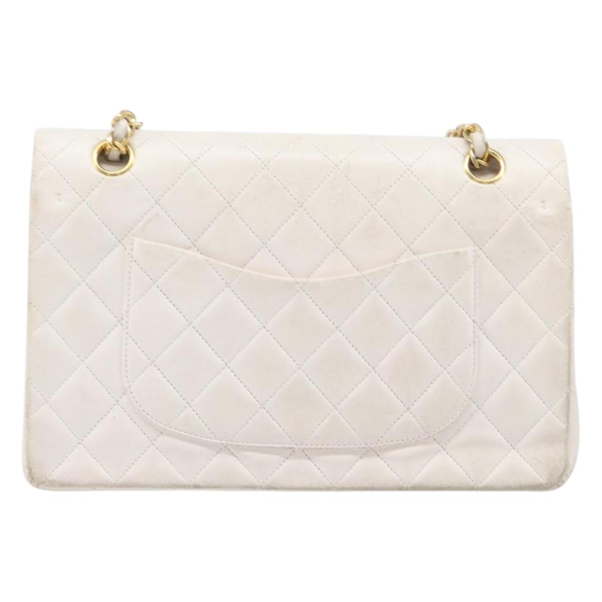 CHANEL Matelasse Double Flap Chain Bag Lamb Skin White Gold CC Auth 201534