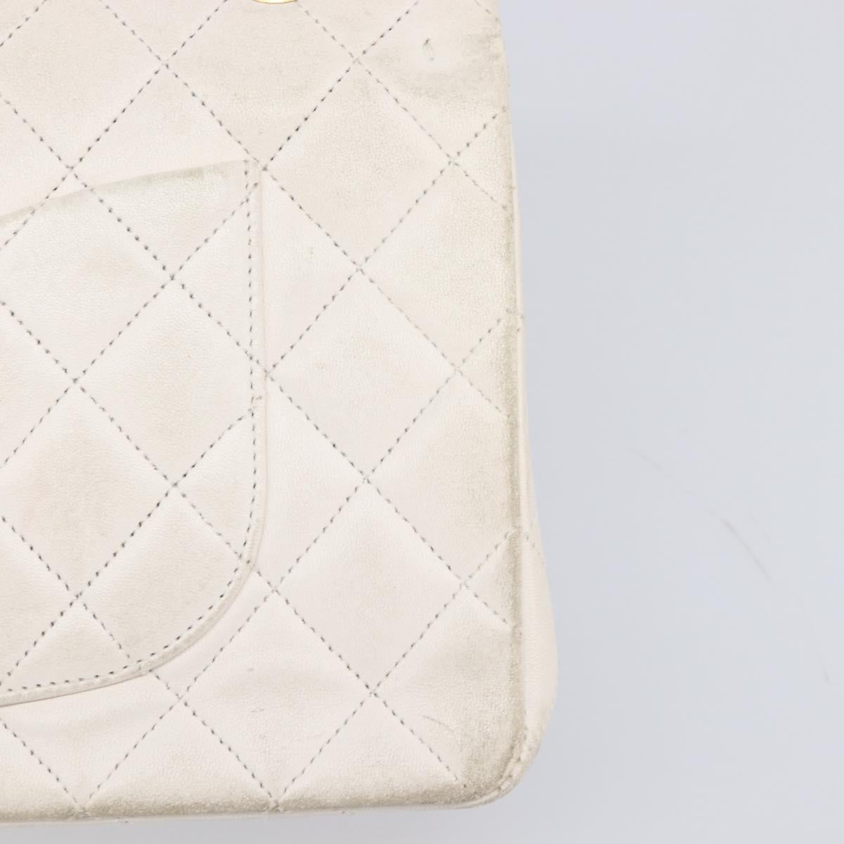 CHANEL Matelasse Double Flap Chain Bag Lamb Skin White Gold CC Auth 201534