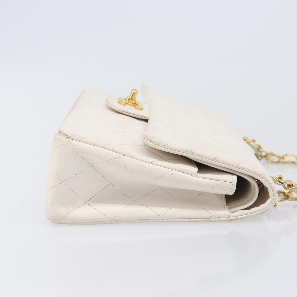 CHANEL Matelasse Double Flap Chain Bag Lamb Skin White Gold CC Auth 201534