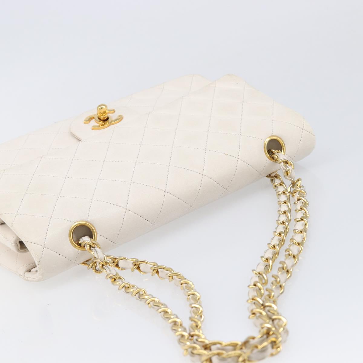 CHANEL Matelasse Double Flap Chain Bag Lamb Skin White Gold CC Auth 201534
