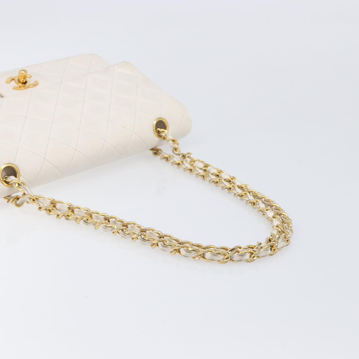 CHANEL Matelasse Double Flap Chain Bag Lamb Skin White Gold CC Auth 201534